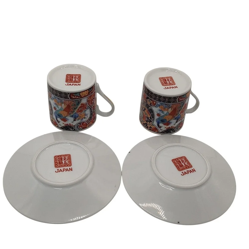 Vintage Japanese Imari Arita Demitasse‎ Cups Saucers Peacock Handmade Four Piece
